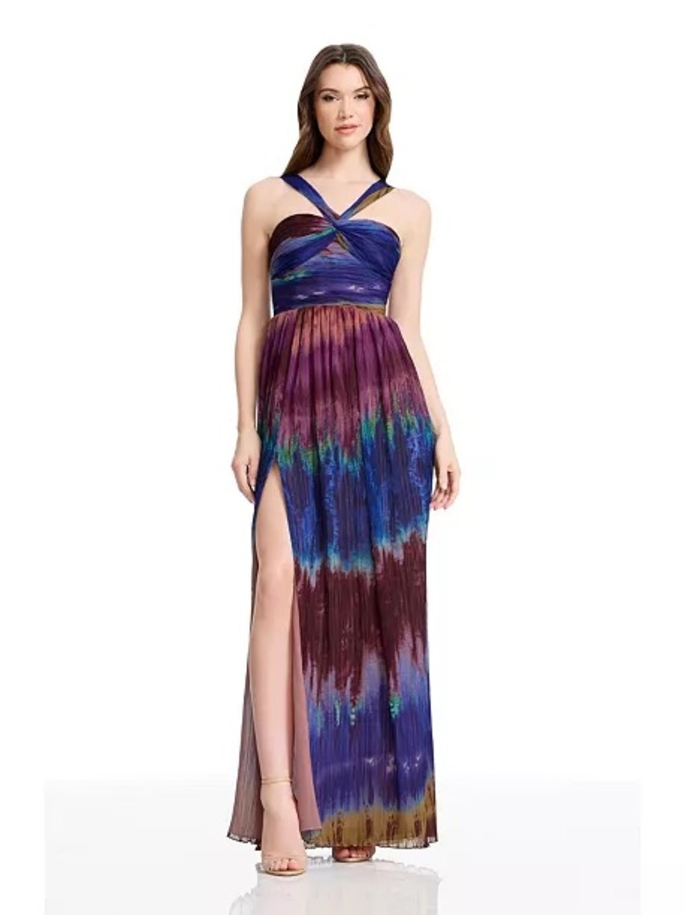Dress the Population Purple Multi Tie-Dye Crisscross Halter Maxi Dress